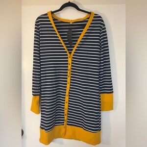 Navy Striped Long Cardigan with Yellow Accents